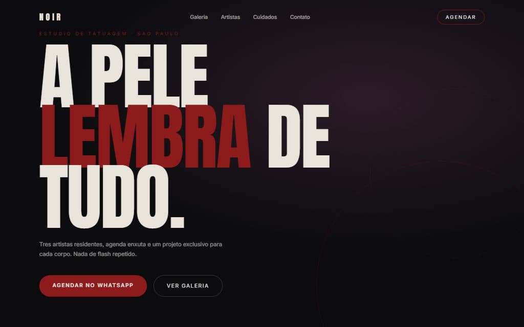 Demo Noir: hero escuro de estúdio de tatuagem com tipografia condensada